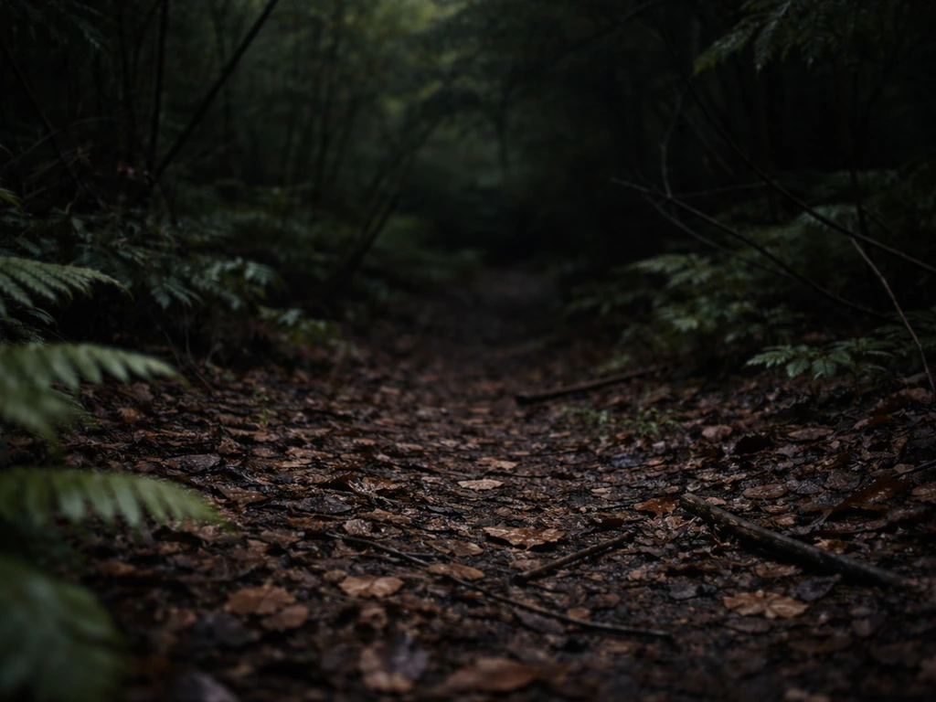 Quiet forest understory with leaf litter and hidden branches suggesting an unseen sound nearby.