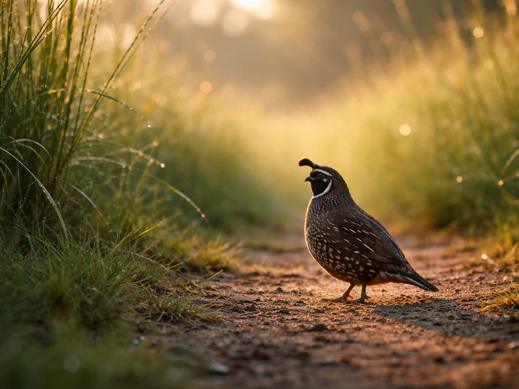 A quail standing in tall grass at dawn, softly lit by sunrise with a calm, grounding mood.
