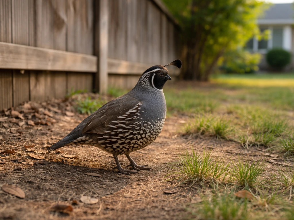 Side-on quail in a quiet backyard near the fence line with the house softly blurred behind it.