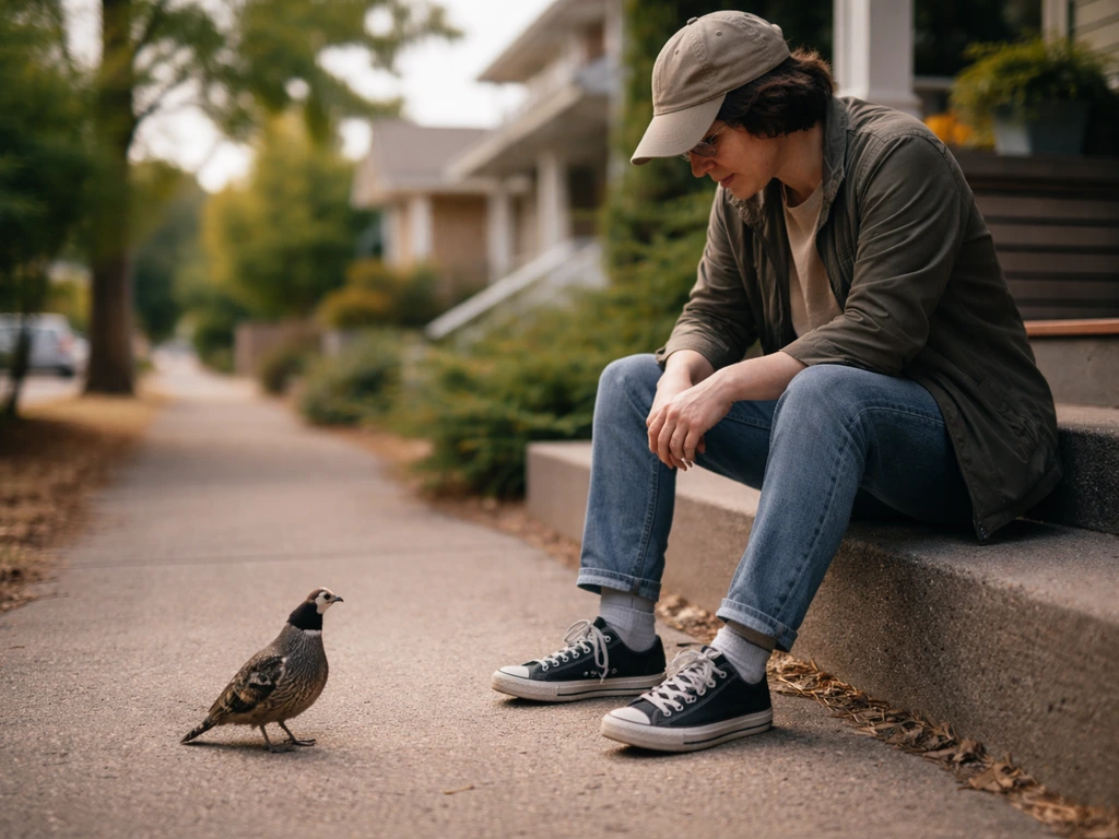 Person pausing on a porch as a quail stands nearby in a quiet, reflective moment.