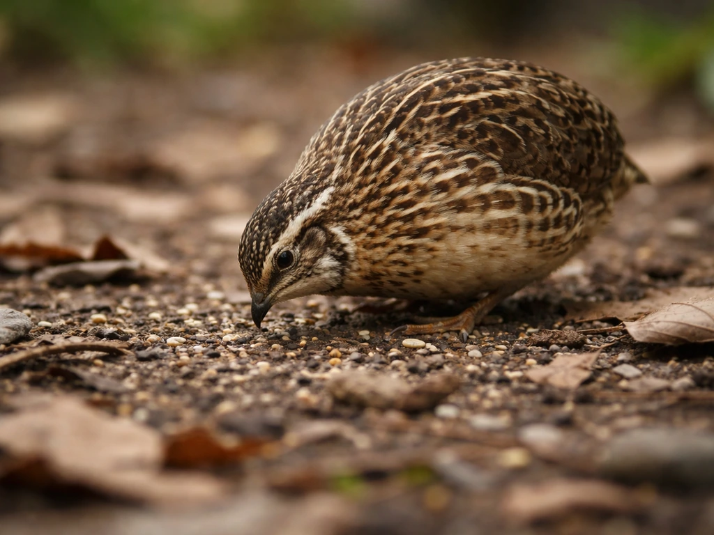 A quail calmly foraging on leaf litter with scattered seeds on the ground.