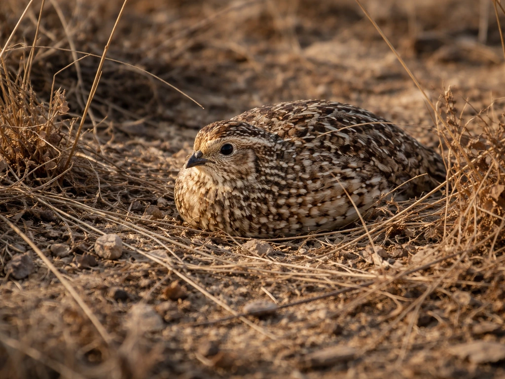 A camouflaged quail crouches in dry grass, nearly blending in with mottled feathers visible.
