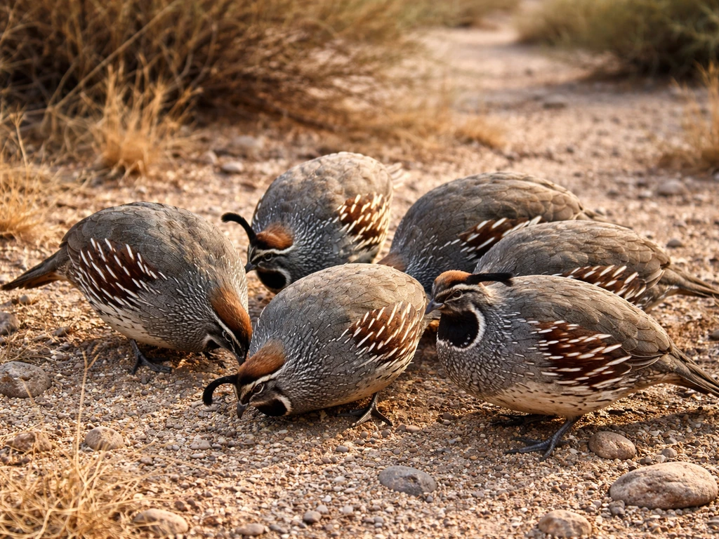A small covey of quail foraging together in scrubby terrain, capturing community and belonging.