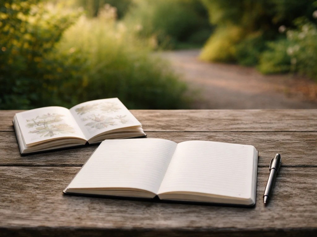 Notebook and pen outdoors on a garden path beside a small open field guide, ready for journaling.