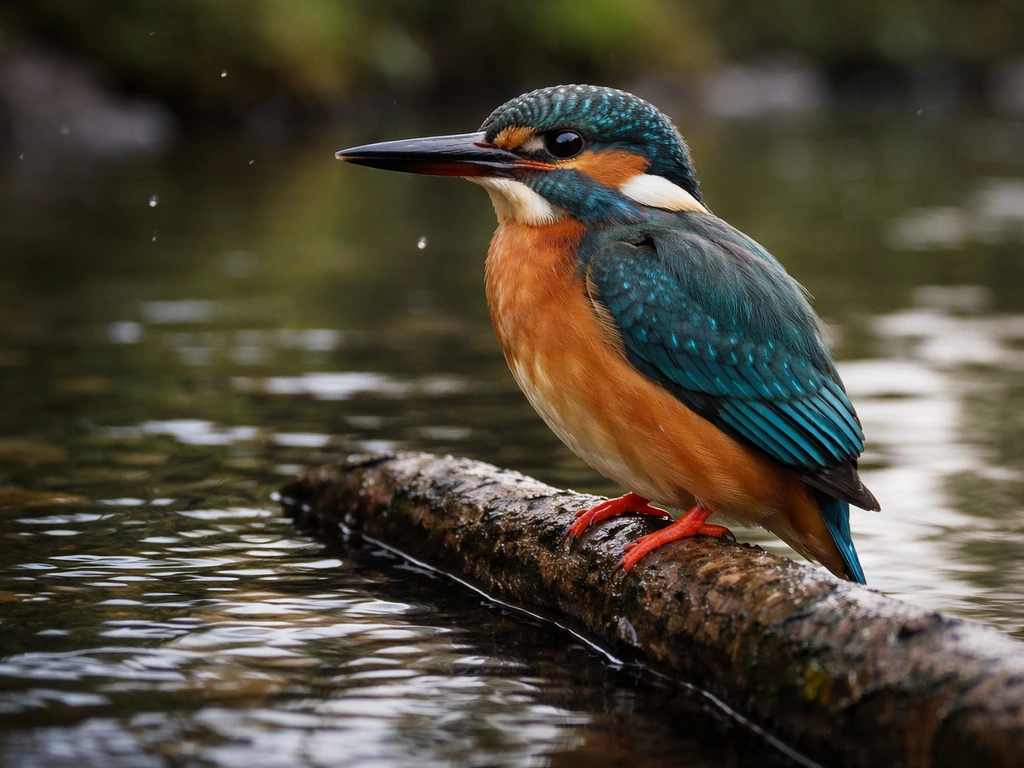 Kingfisher perched above rippling water, reflections showing calm clarity and precise motion.