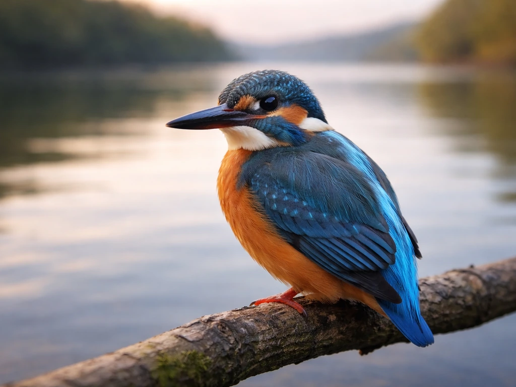 A kingfisher perched near the water’s edge, with a blurred, distant bank across a calm river.