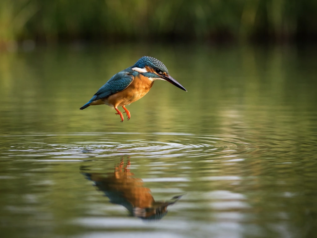 Kingfisher hovering still above a calm pond, poised to dive, with reeds softly blurred in the background.