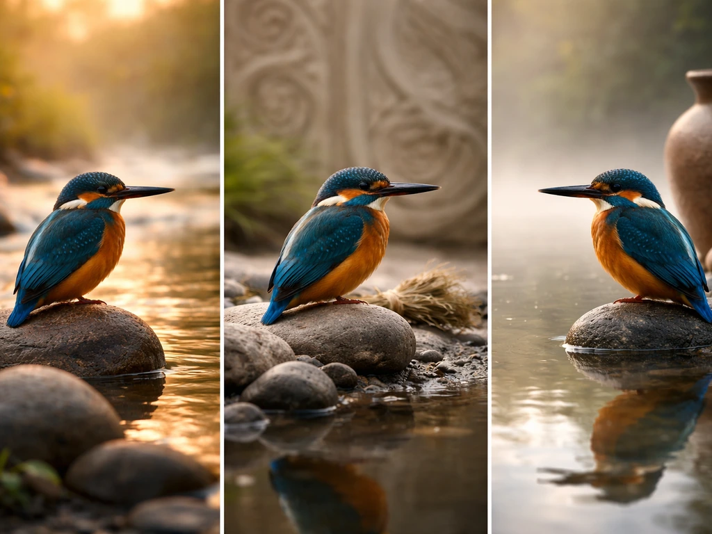Kingfisher perched by a river in three minimal panels with subtle, non-specific spiritual markers.