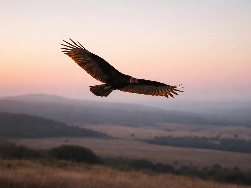 A turkey vulture/buzzard gliding in flight above an open dusk landscape with warm sky light.