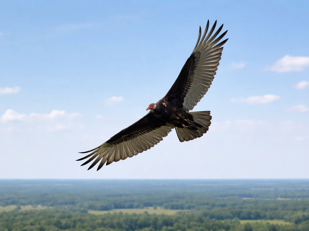 A turkey vulture soaring in wide circles above open fields under bright daylight.