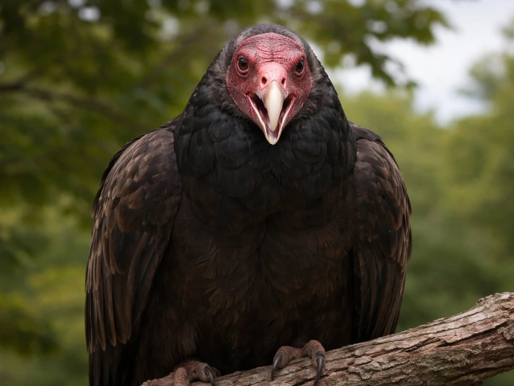 Turkey vulture perched on a tree branch, head slightly raised as if making a low hiss or grunt.