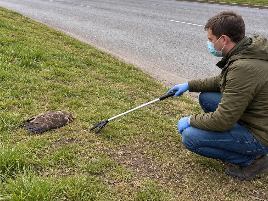 Gloved person using a tool from a safe distance near a dead buzzard on a roadside verge