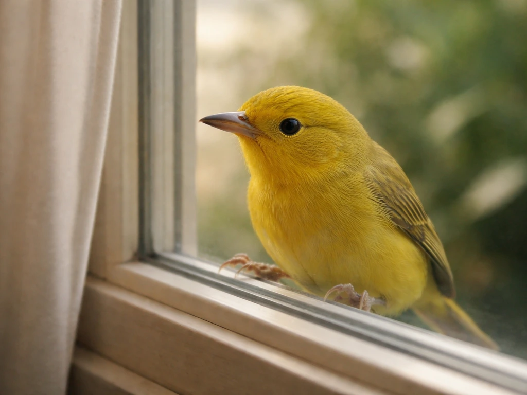A small yellow bird tapping the window glass from the outside, close-up in warm daylight.