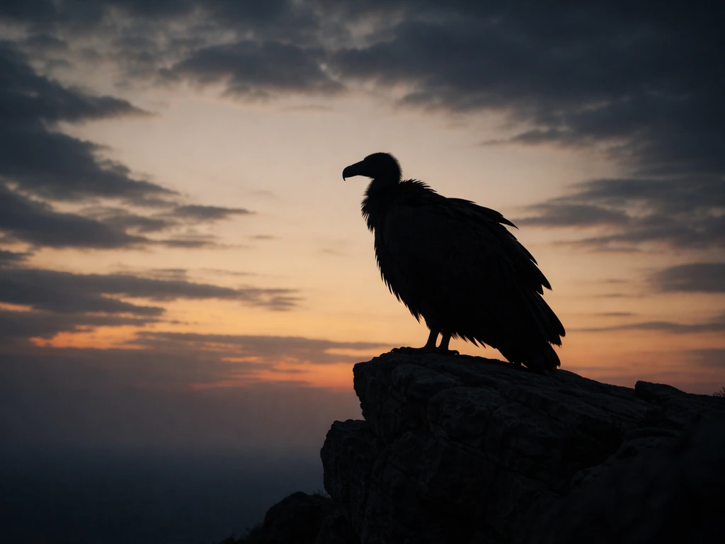 A vulture silhouetted on a rocky ledge at dusk against dramatic stormy sky