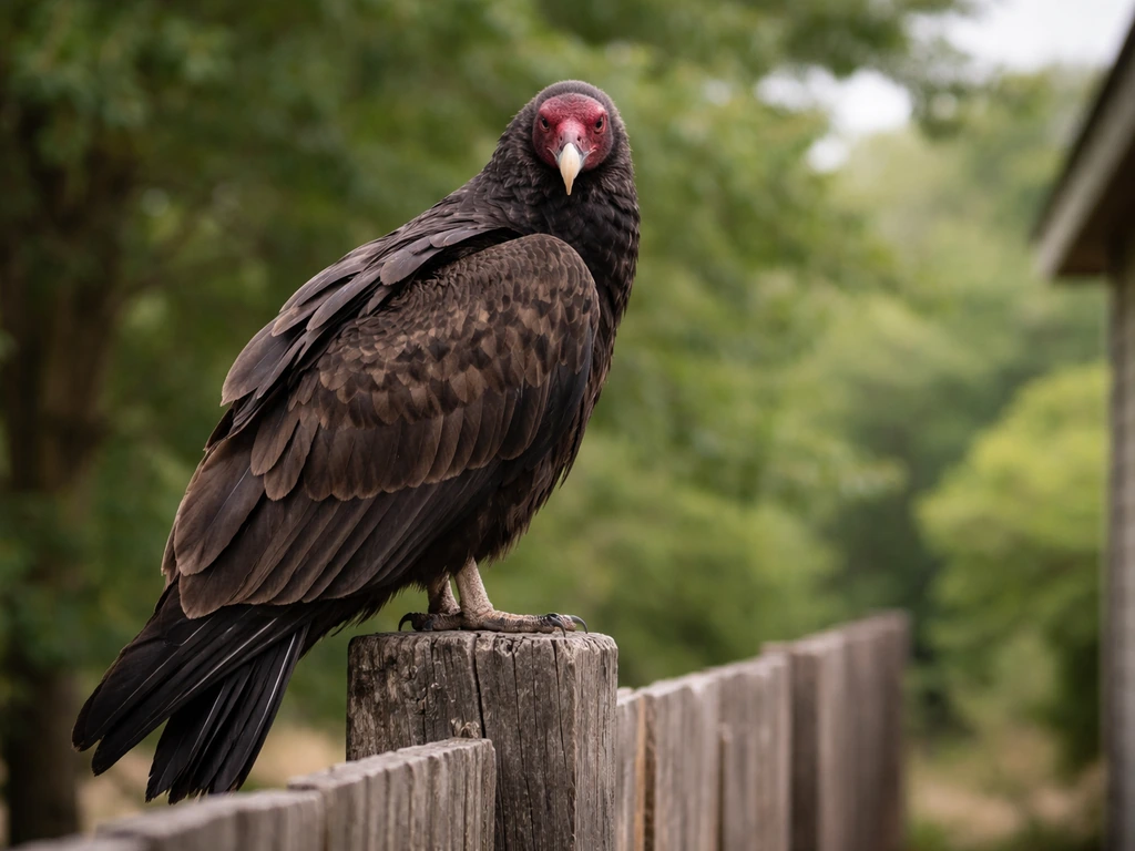 Close view of a vulture perched at the edge of a fence, watching from a nearby branch in natural light.
