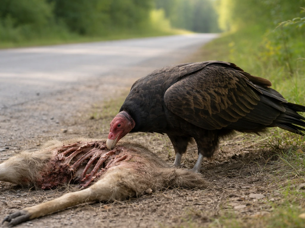 A vulture scavenges and feeds on a carcass at the edge of a quiet roadside.