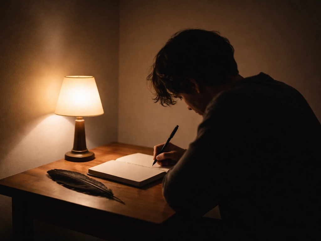 Person journaling in dim light with a single vulture-feather-like symbolic prop nearby