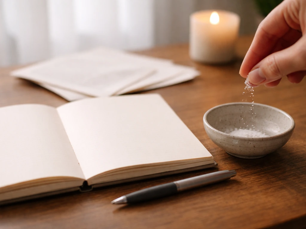 Open journal on a wooden desk beside a small bowl for symbolic cleansing, candle softly blurred behind.