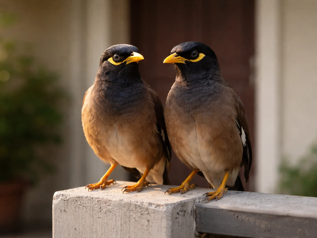 Two myna birds perched close together on a residential gate post, calm and spiritually symbolic.