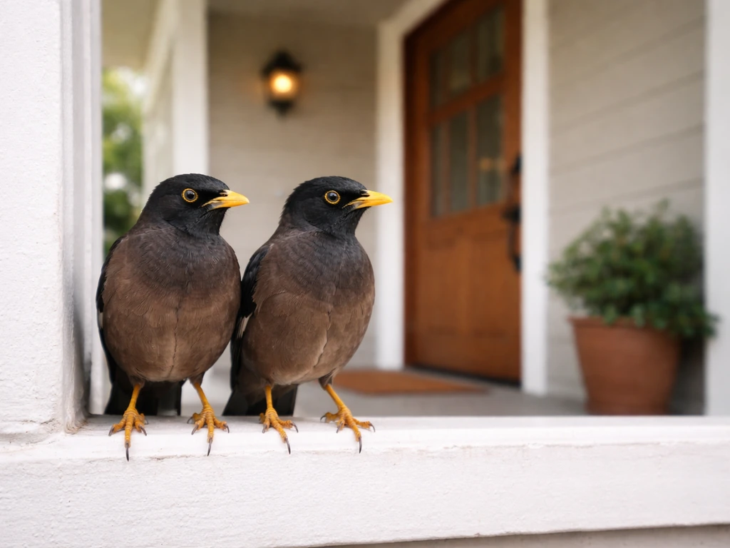 Two myna birds perched by a home front window, with the doorway softly blurred in the background.