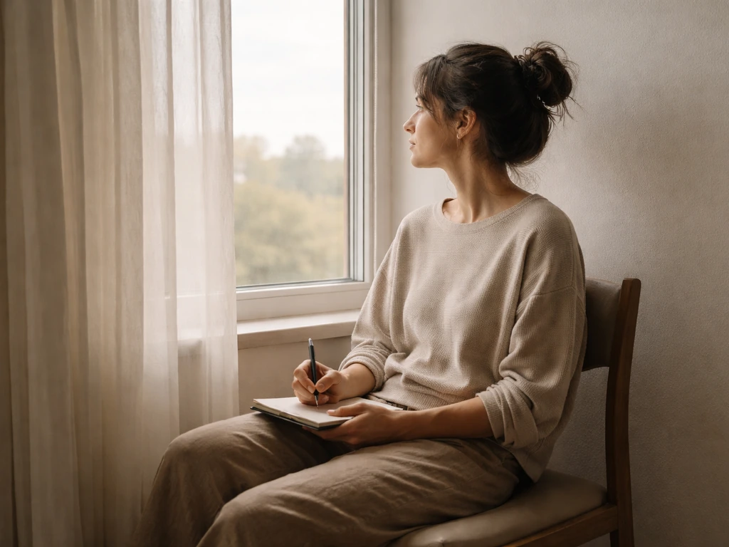 Calm person seated by a window holding a notepad, quietly focused as if noticing birds outside.