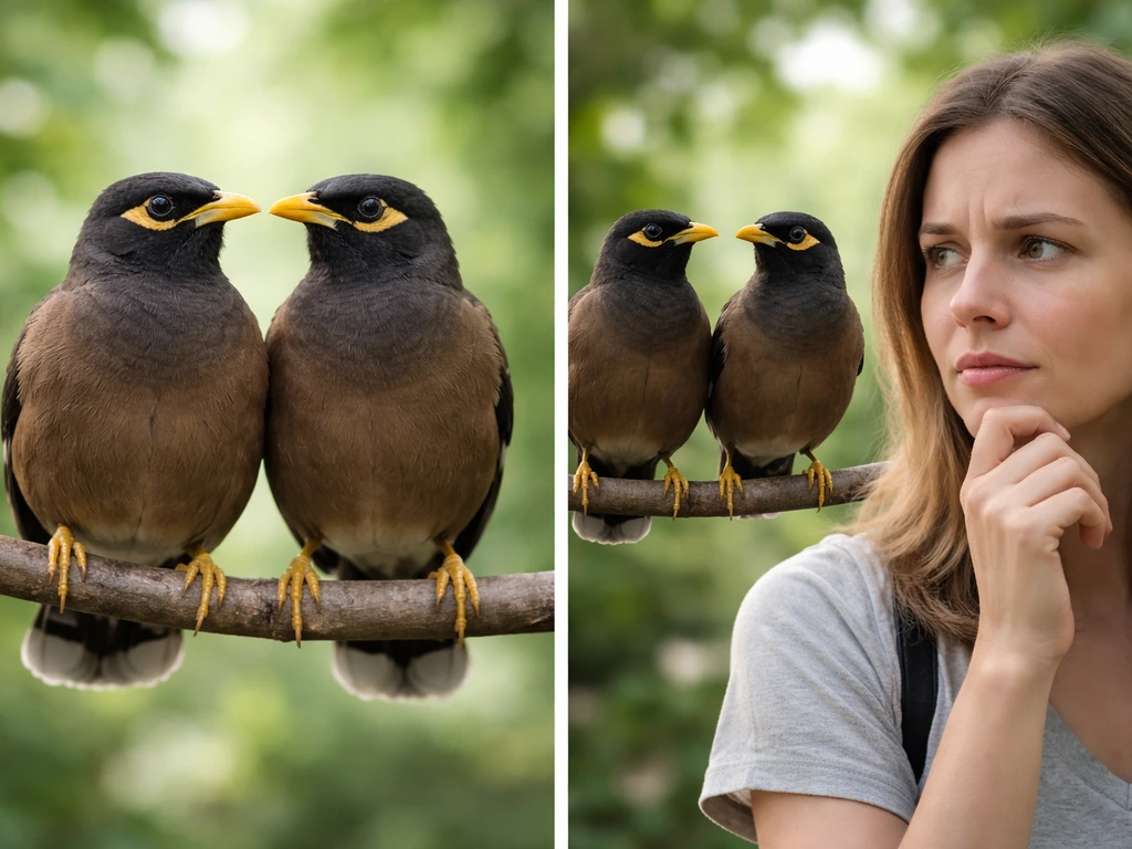 Two mynas perched beside a thoughtful person, one calm side suggesting good omen or caution.