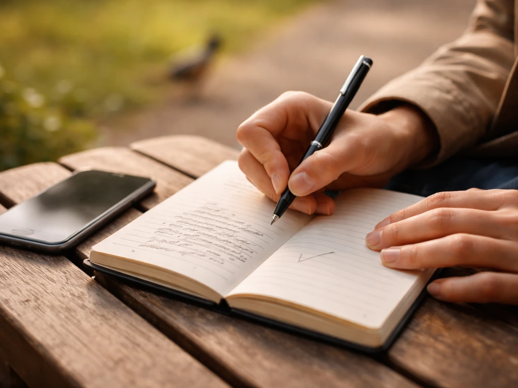 Closeup hands jotting notes in a small notebook with a simple checklist beside a phone in a quiet park.