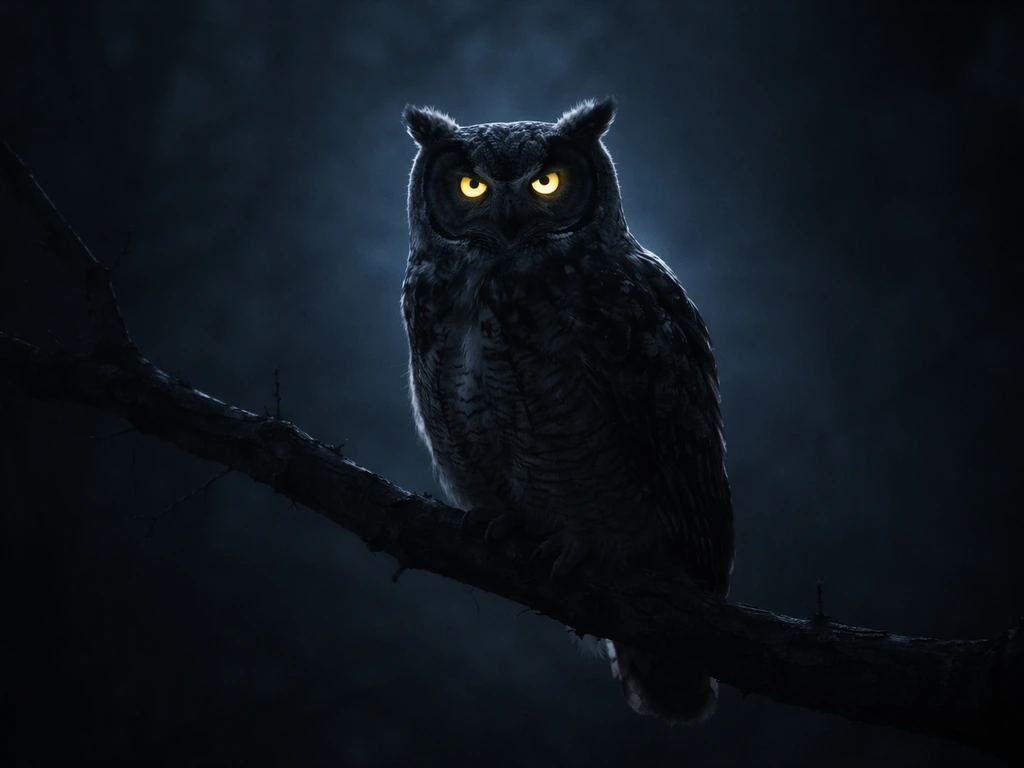An owl perched on a dark branch in low light, eyes sharply glowing, atmospheric and mystical.