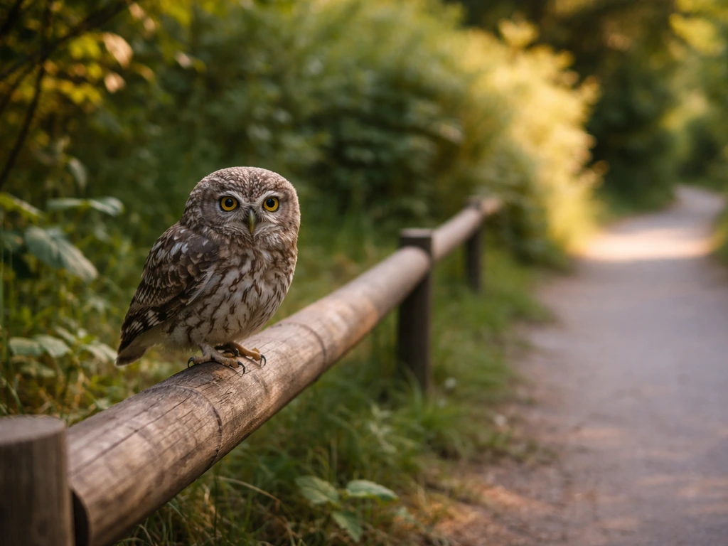 An owl perched in daylight near a quiet path/yard, capturing an unexpected encounter moment.