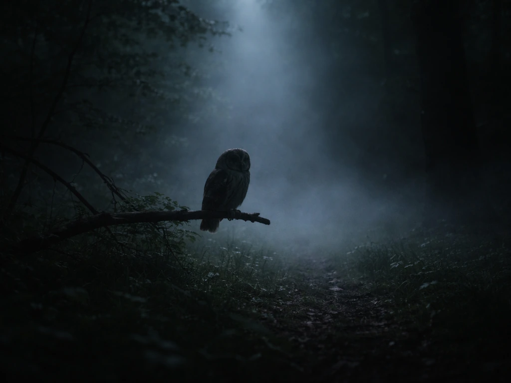 Moody owl perched in a foggy forest clearing under faint moonlight, surreal dream atmosphere.