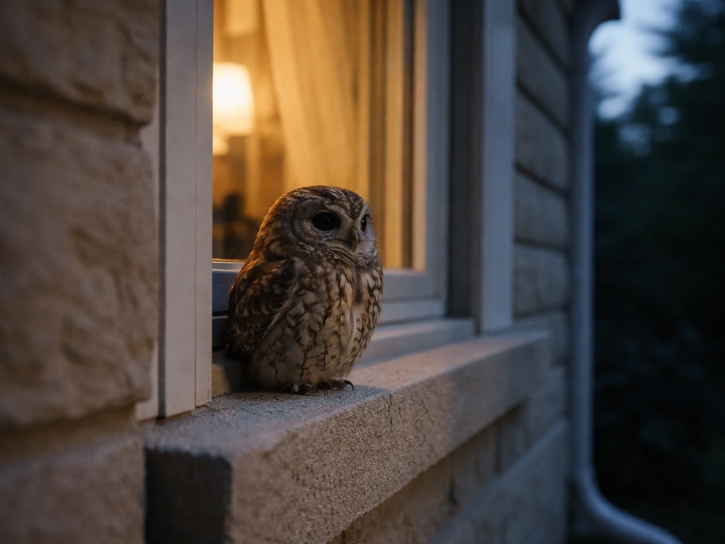 An owl perched near a home window at dusk, softly lit by warm interior light.