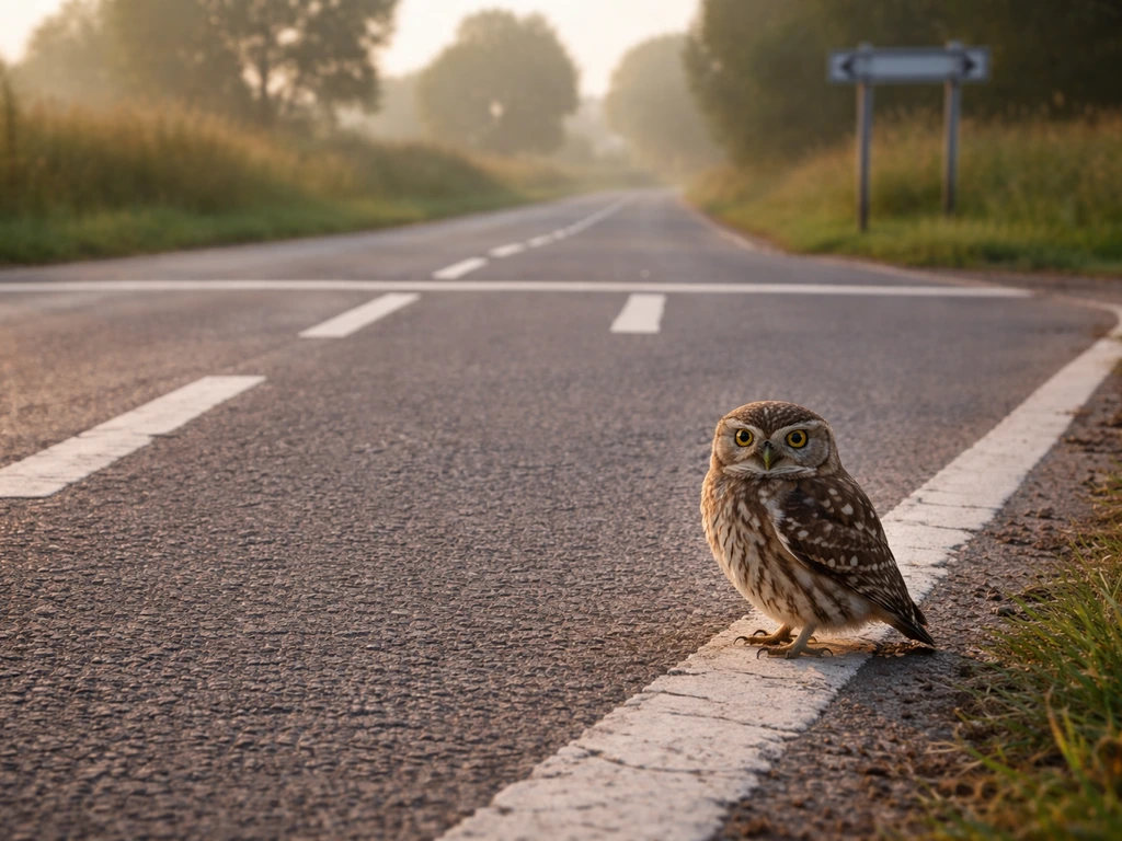 An owl perched near a quiet road crossroads with painted lane markings and a nearby sign