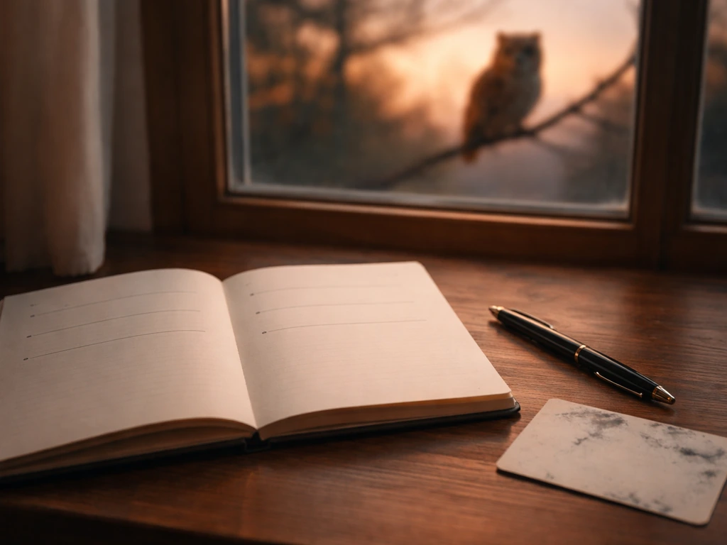 Notebook open to prompts for decoding an owl encounter, with a softly blurred owl outside a window.