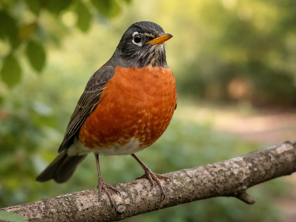 Close-up of an American robin perched in a quiet yard, red breast highlighted in natural light.