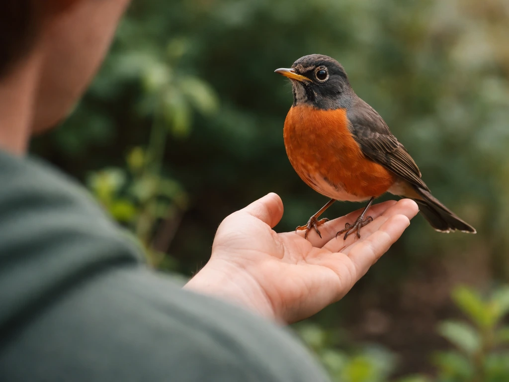 American robin perched on a person’s open hand outdoors, soft focus background, natural light.