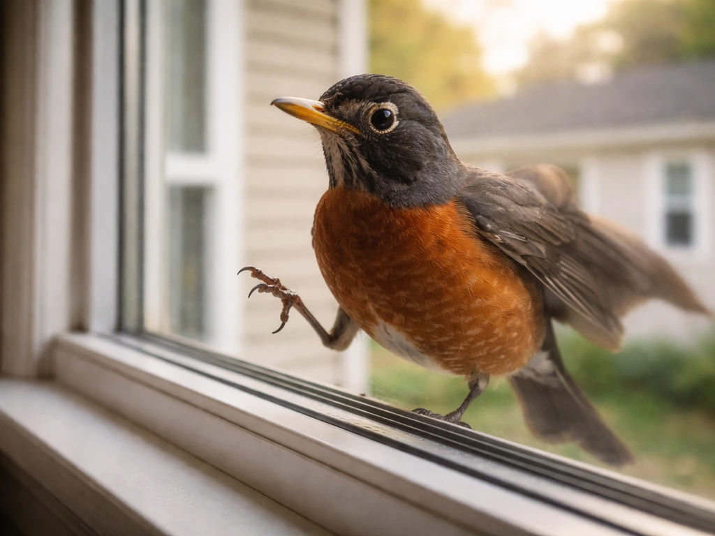 American robin perched beside a home window, appearing to tap the glass in morning light