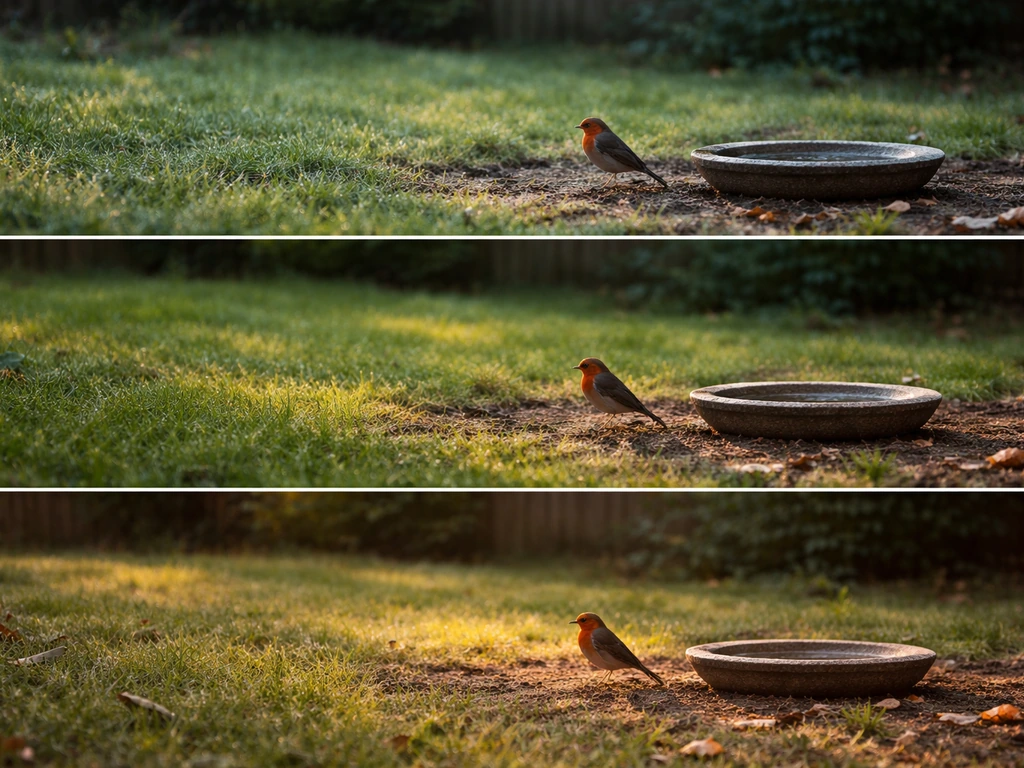A red robin hops in a quiet backyard yard, with subtle morning-to-evening light across repeated views