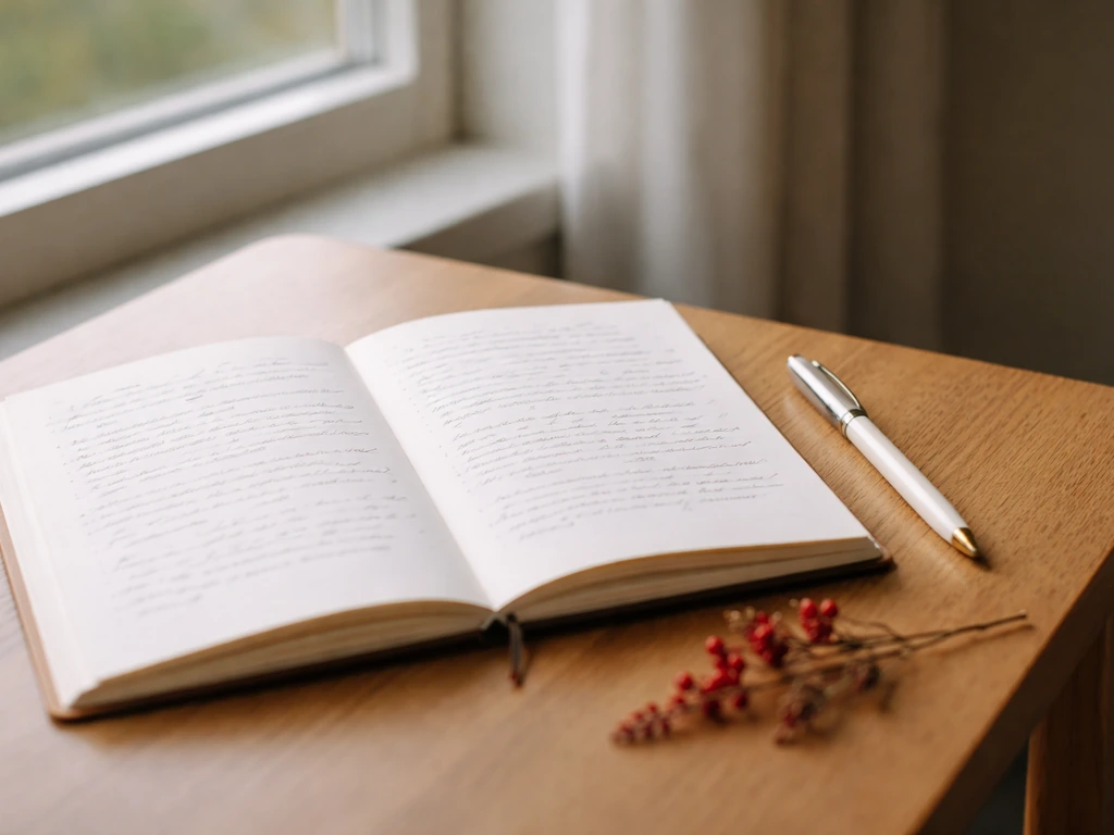 Open journal with a pen on a wooden table, handwritten reflection pages, soft window light, subtle red accents.