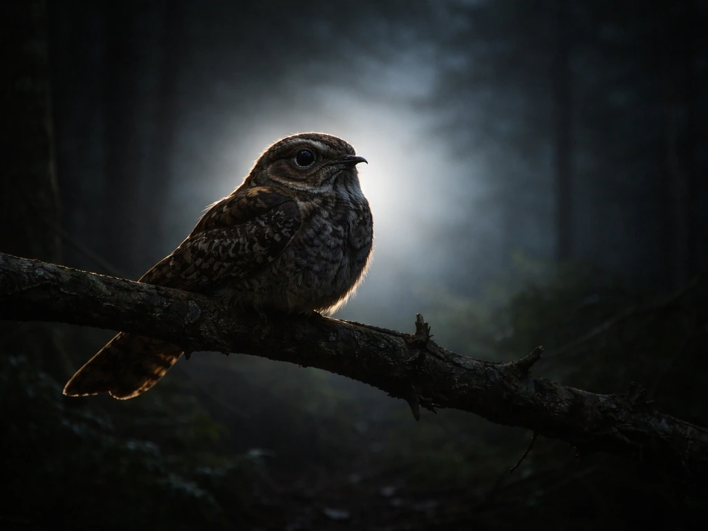 Moonlit whippoorwill perched on a branch at a forest edge, soft glow and misty night atmosphere.