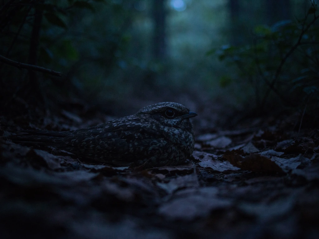 An eastern whip-poor-will motionless on the forest floor at twilight, hidden and camouflaged.