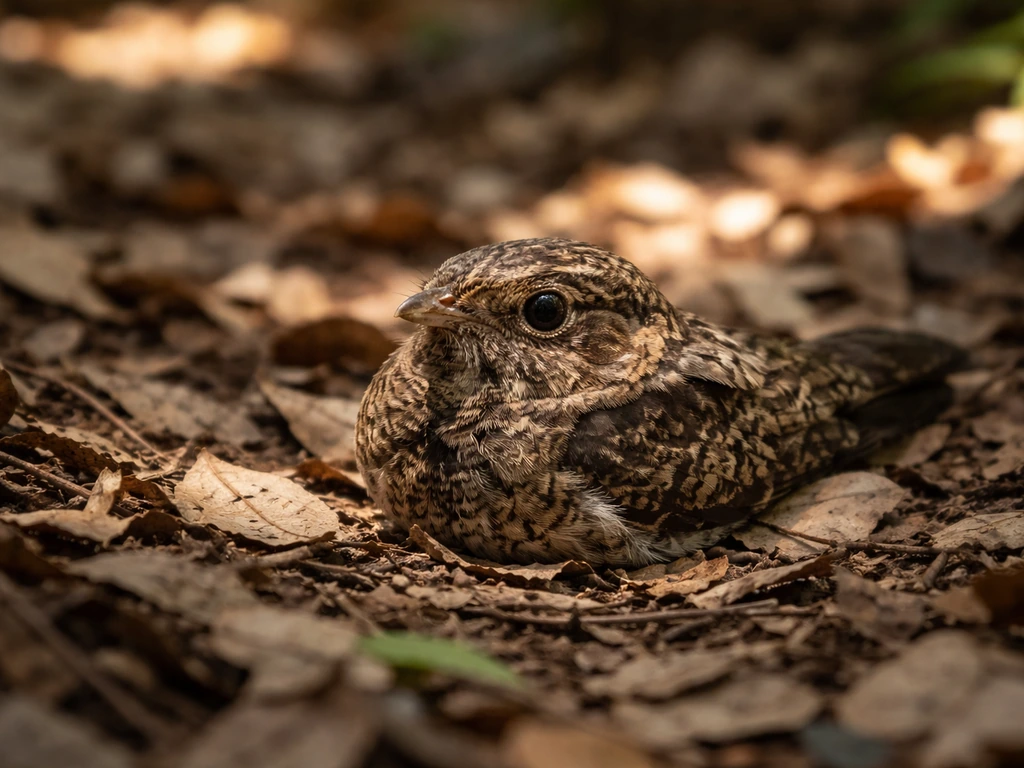 Whippoorwill camouflaged on shaded leaf litter during daylight, nearly blending into the ground cover.