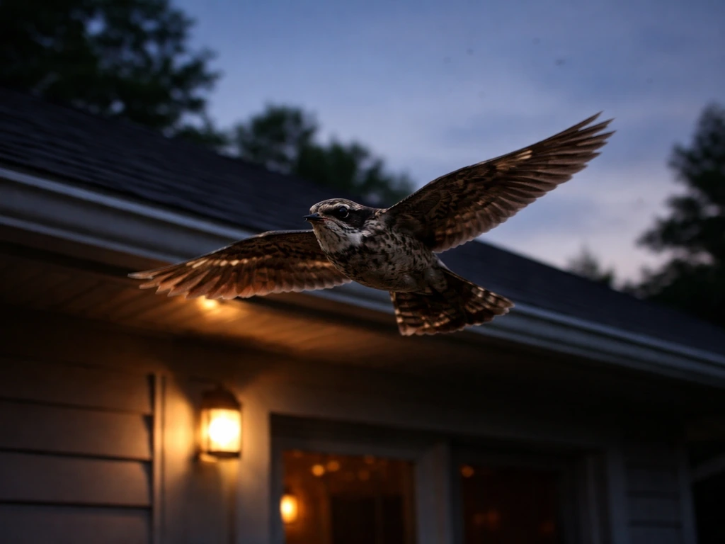 Whippoorwill flying near a quiet house at dusk, wings spread in low light.