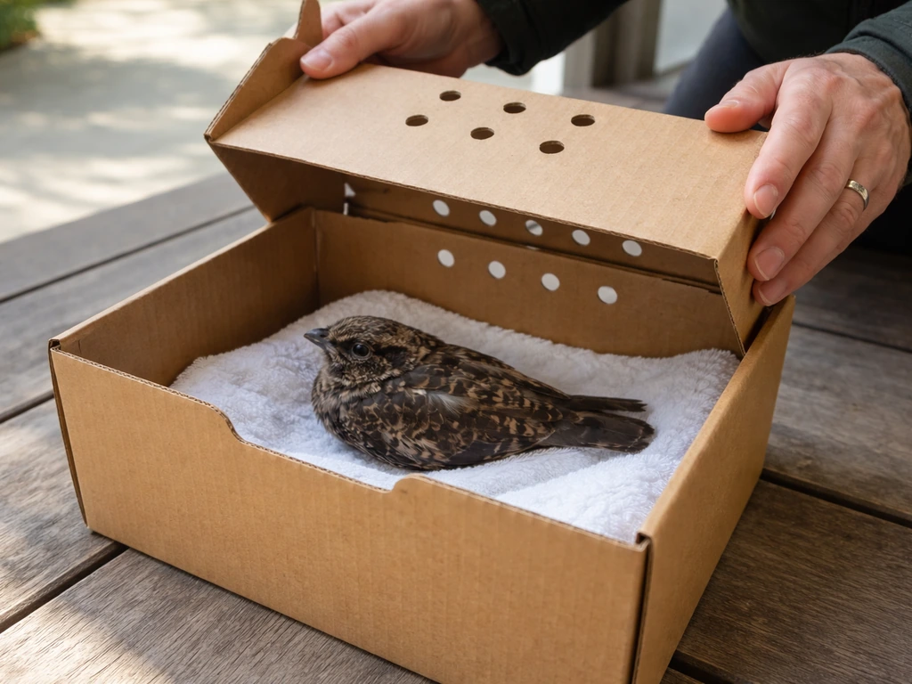 Injured whippoorwill safely contained in a ventilated box on a towel, calm hands holding the lid.