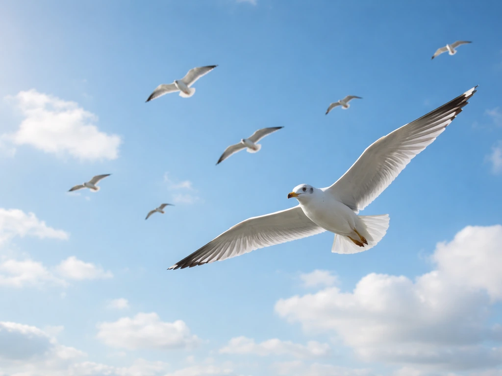 One bird in foreground with several birds flying above in a bright sky, evoking good-luck vibes
