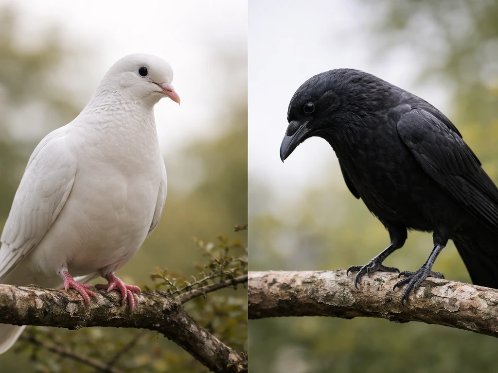 A white dove and a black crow perched side-by-side on branches in natural light.