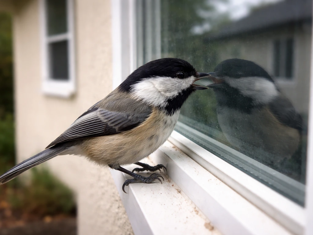 Small bird pecking a house window glass, prompted by its reflection, with the scene kept minimal.