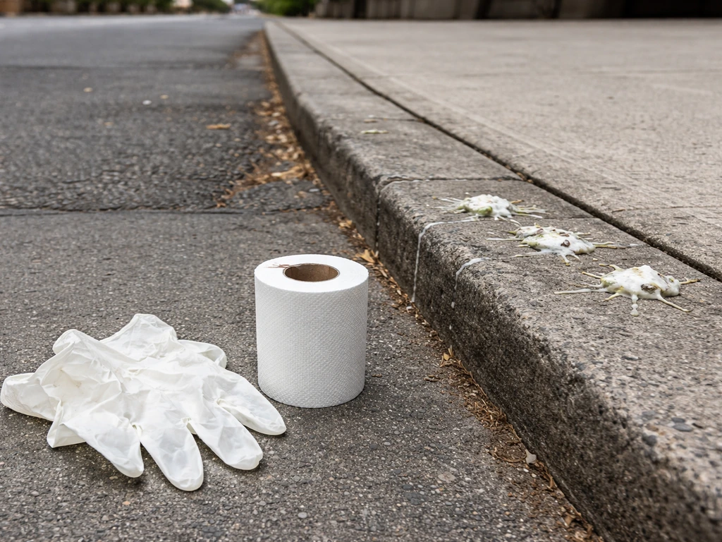 Bird droppings on a sidewalk edge with gloves and paper towels nearby for safe cleanup.