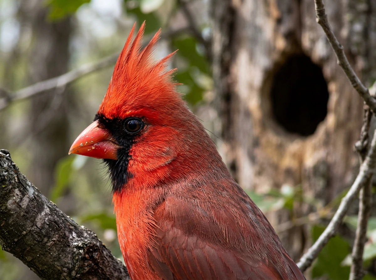 Close-up of a male Northern Cardinal head and crest, showing what “red jay” usually refers to.