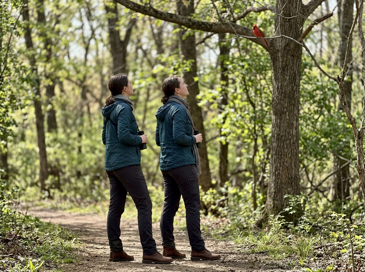 Red bird perched high above while a person openly looks up in daylight.