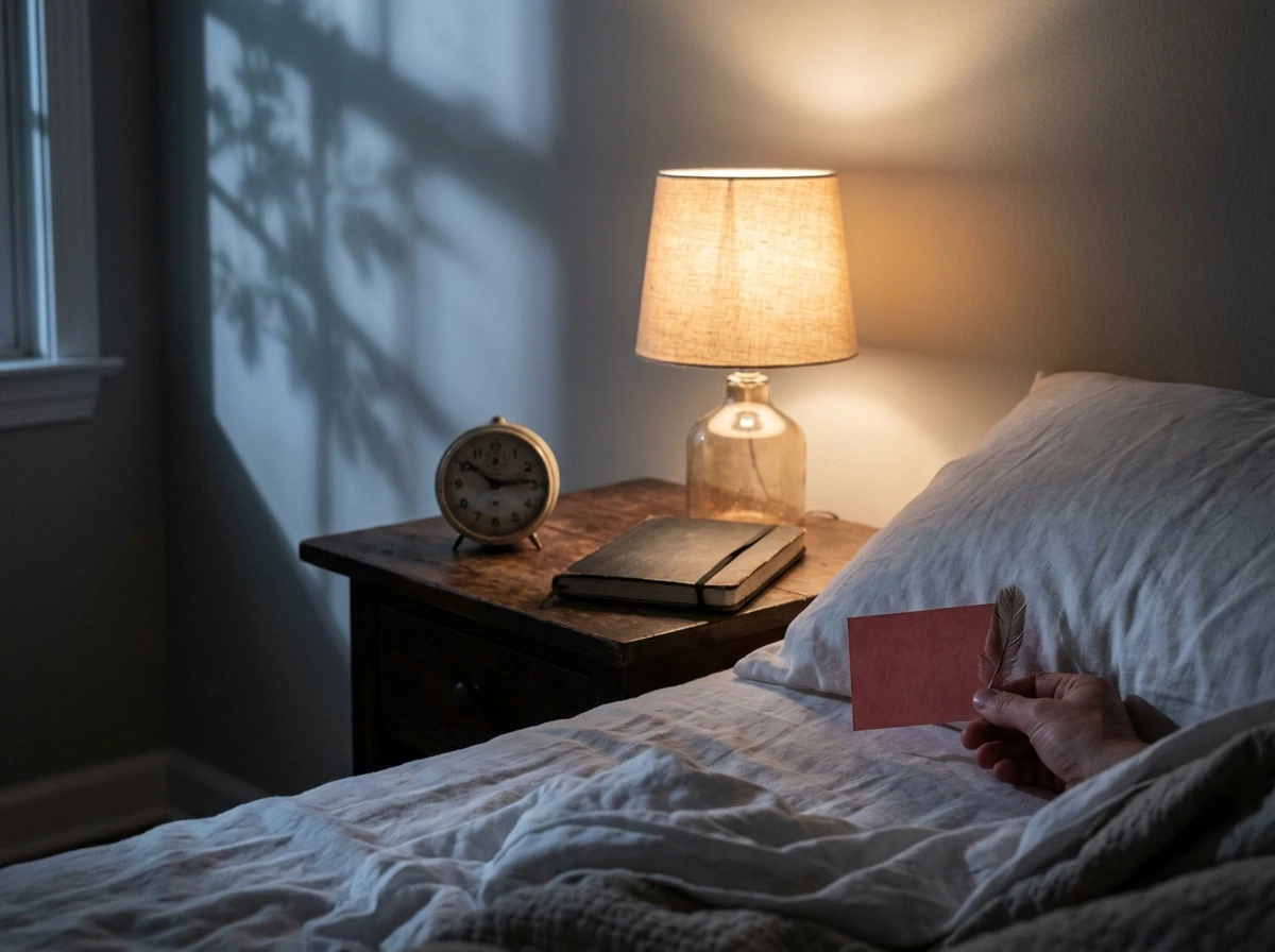 Bedside night scene with moonlight and a small red-tinted token, evoking dream symbolism.